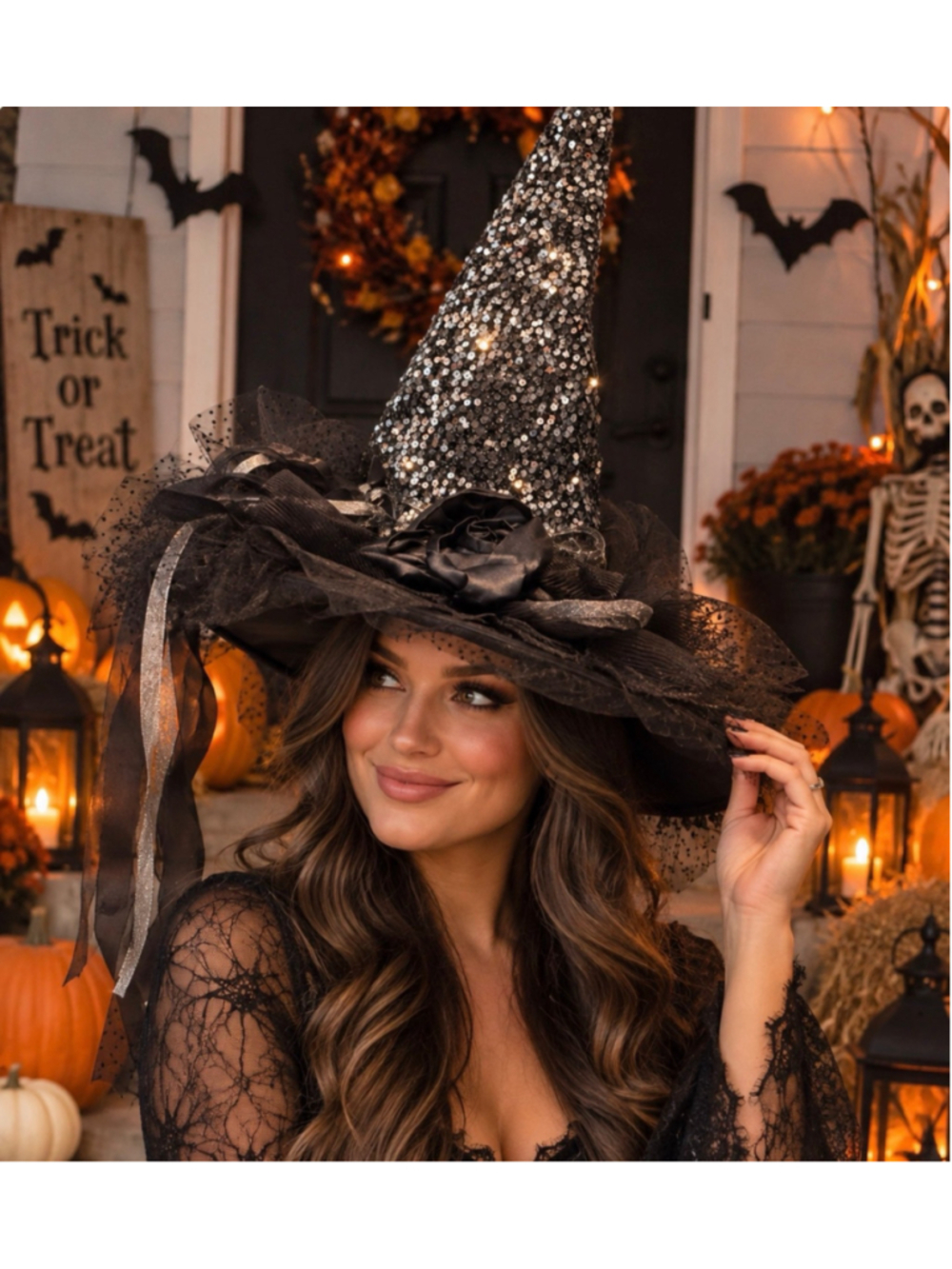 Witch Hat Sequin Sparkle Satin Rose Black Lace Halloween Costume Accessory